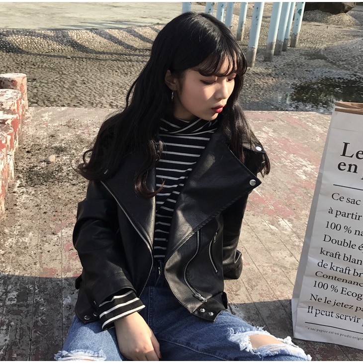 Áo Khoác Da Đen Jacket Bomber Cổ Bẻ Cá Tính Năng Động Phong Cách Unisex Siêu Chất