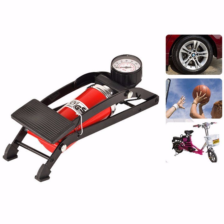 Bơm hơi đạp chân, bơm mini 2 ống có đồng hồ đo áp xuất lốp ôtô xe máy, xe đạp