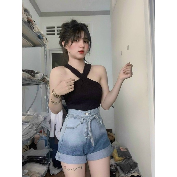 Quần Short Bò Loang Kèm Đai Dây Vải