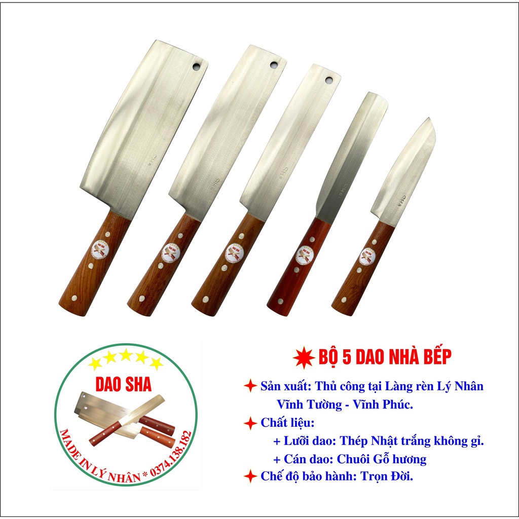 Bộ 5 Dao nhà bếp bằng thép Nhật trắng không gỉ - Thương hiệu Làng rèn Lý Nhân (Mã SHA)