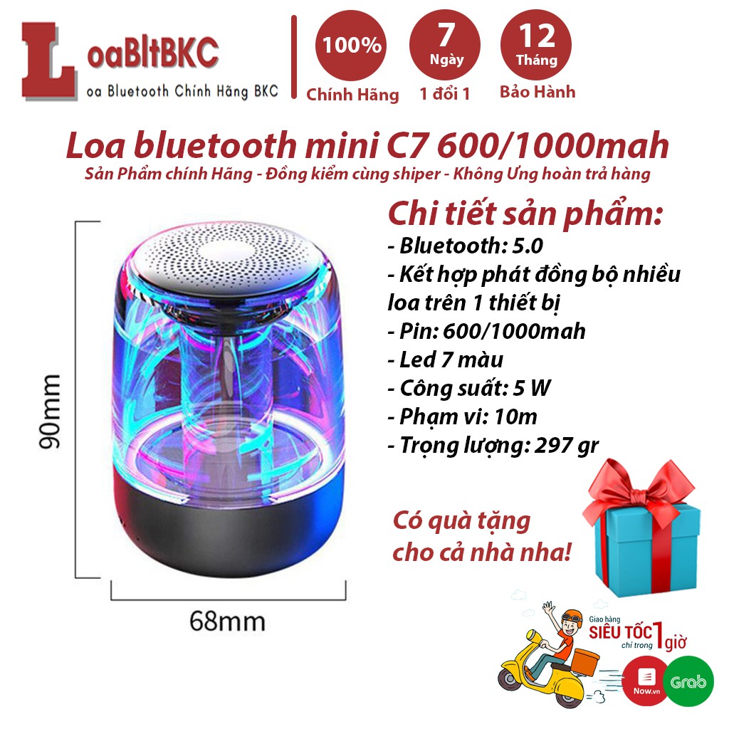 Loa bluetooth mini C7 600/1000mah, Loa blt mini trong suốt bass vòm tích hợp đèn LED hỗ trợ thẻ nhớ TF - BH 6 tháng