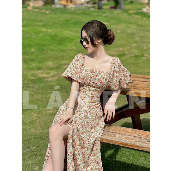 Váy đầm nữ maxi dáng xòe họa tiết hoa cổ vuông tay phồng | BigBuy360 - bigbuy360.vn