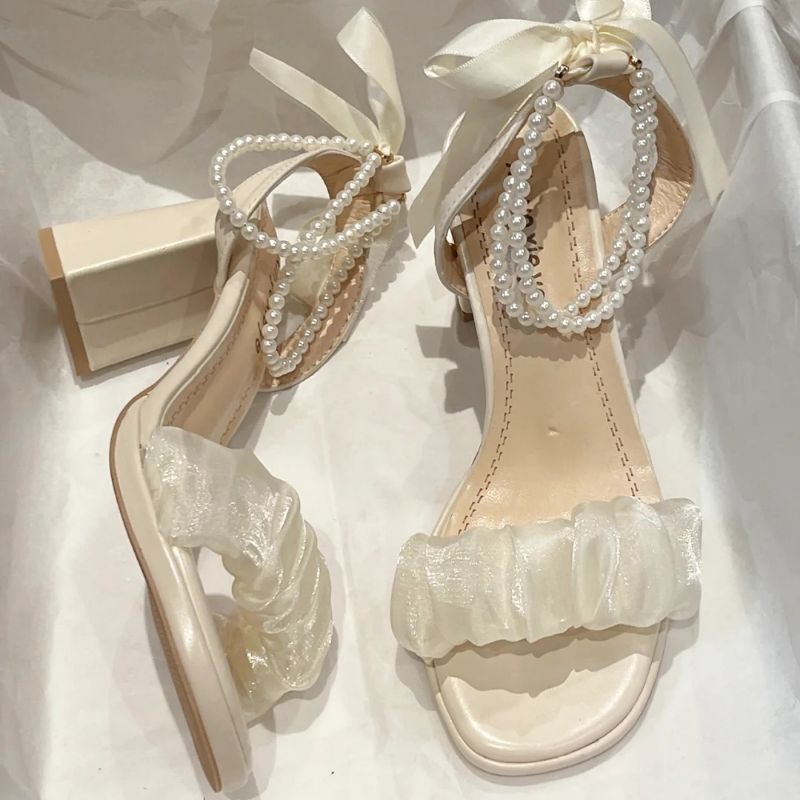 Giày cao gót voan nhũ thắt nơ sang chảnh đế vuông cao 9cm cd45