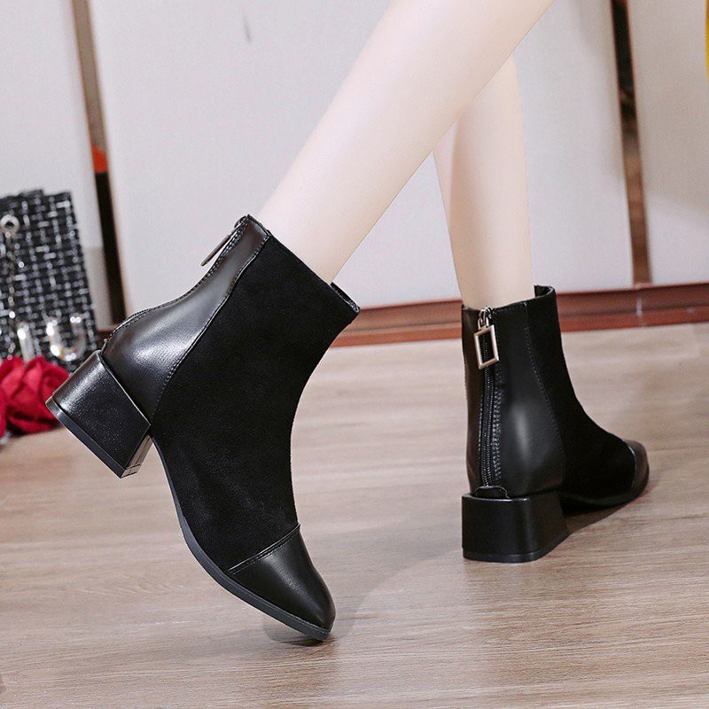 [Mã FAGREEN1505 giảm 10% tối đa 30k đơn từ 99k] 1G11 Giày Boots bốt nữ cao gót da phối thun K04 boot