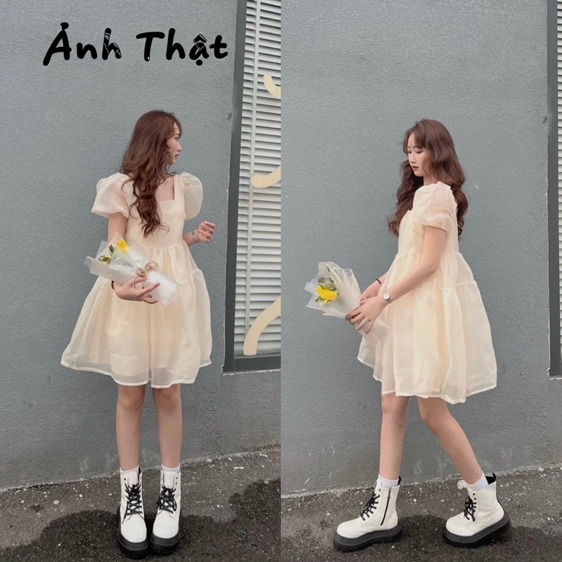 Váy babydoll xòe dạo phố màu kem tay phồng tơ óng bánh bèo siêu xinh DC-0056-babytee