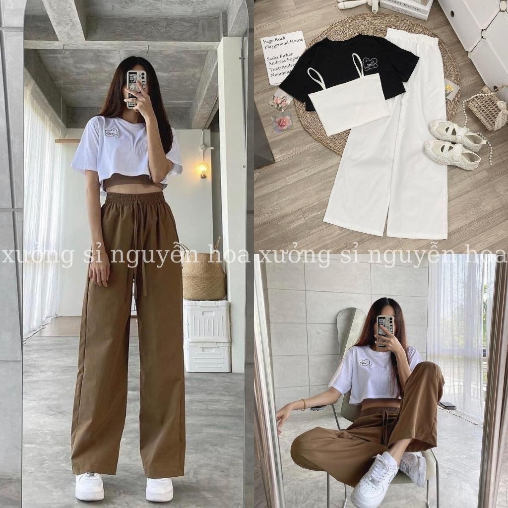 Sét bộ 3 món áo 2 dây áo croptop kèm quần xuông trơn ống rộng 2 màu nâu trắng siêu hot Xưởng Sỉ Nguyễn Hoa