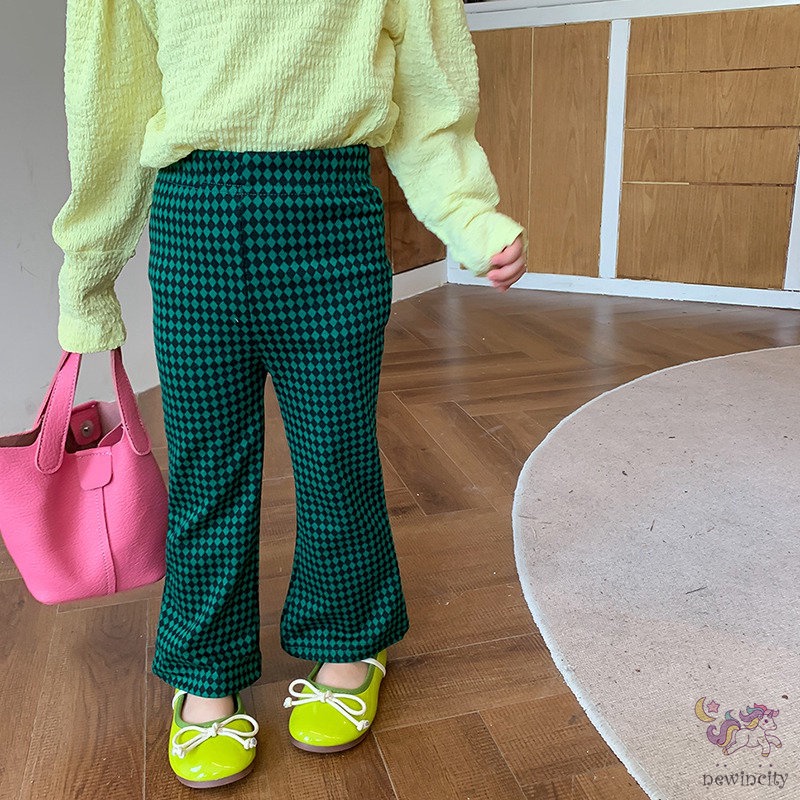 Quần Dài Ống Loe Họa Tiết Sọc Caro Phong Cách Retro Hàn Quốc Cho Bé Gái