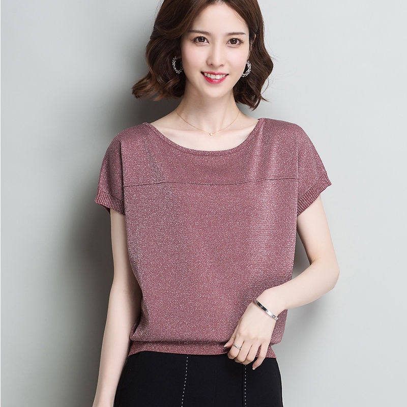 Large size loose 2022 summer new bat sleeve bright silk sweater short sleeve t-shirt for women