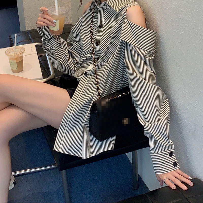 Áo Sơ Mi Nữ Tay Dài Hở Vai Họa Tiết Kẻ Sọc Thời Trang Hàn Quốc