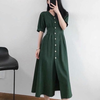Đầm midi xanh lính xếp li, váy dạo phố, váy công sở