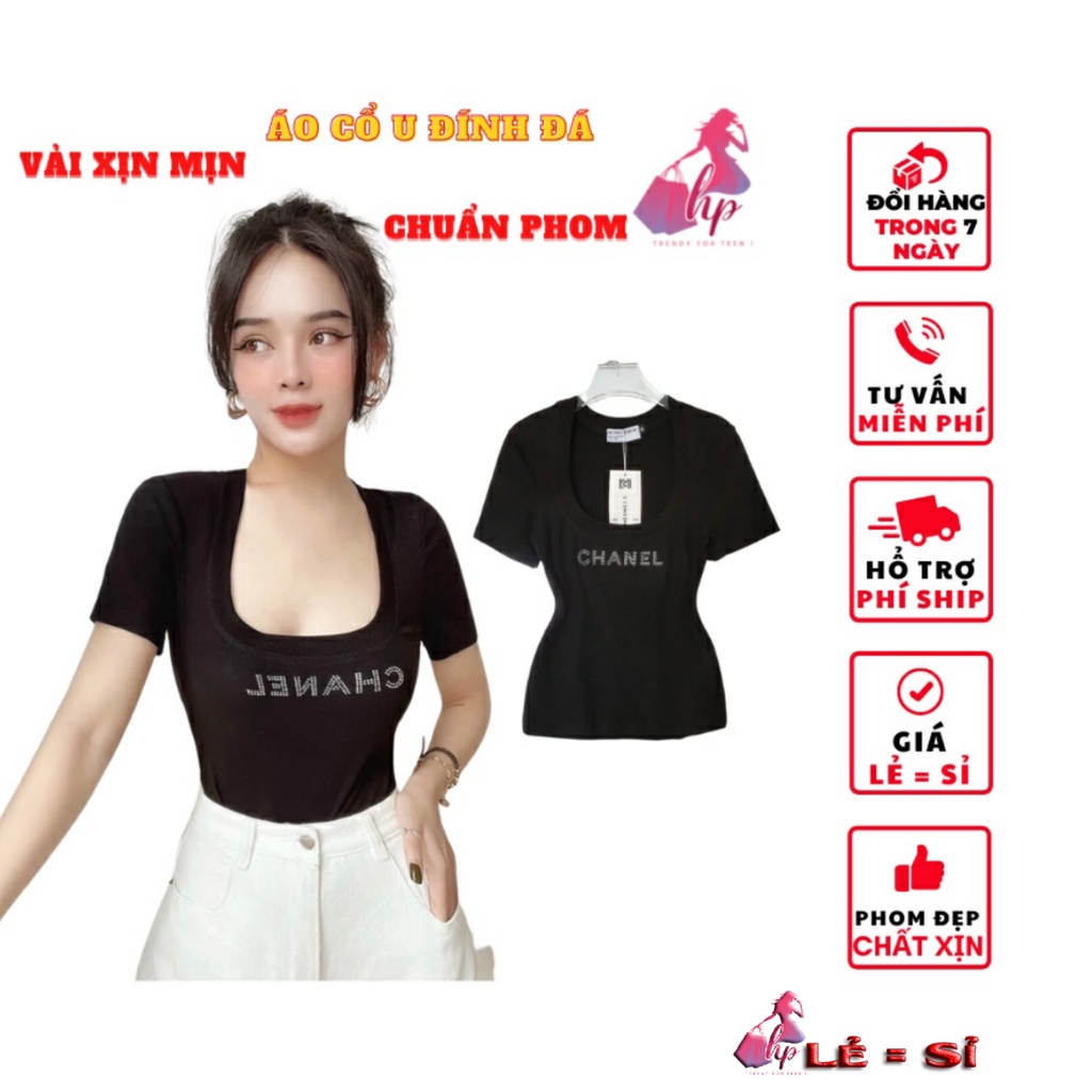 Áo thun nữ ôm·body cổ vuông đính đá màu đen thun cotton xịn mẫu mới thời trang nữ 2021 phong cách Hàn