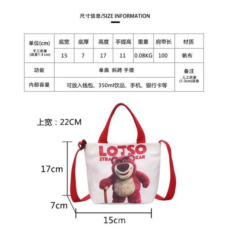 Túi đeo chéo bằng vải Canvas in hoạ tiết hoạt hình gấu Lotso dễ thương cho bé