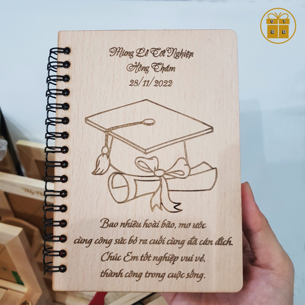 Sổ Gỗ Khắc Hình Và Chữ Theo Yêu Cầu (Tặng Kèm Hộp Quà) - Quà Tốt Nghiệp Cho Nữ Và Nam, Quà Tặng Cho Cử Nhân