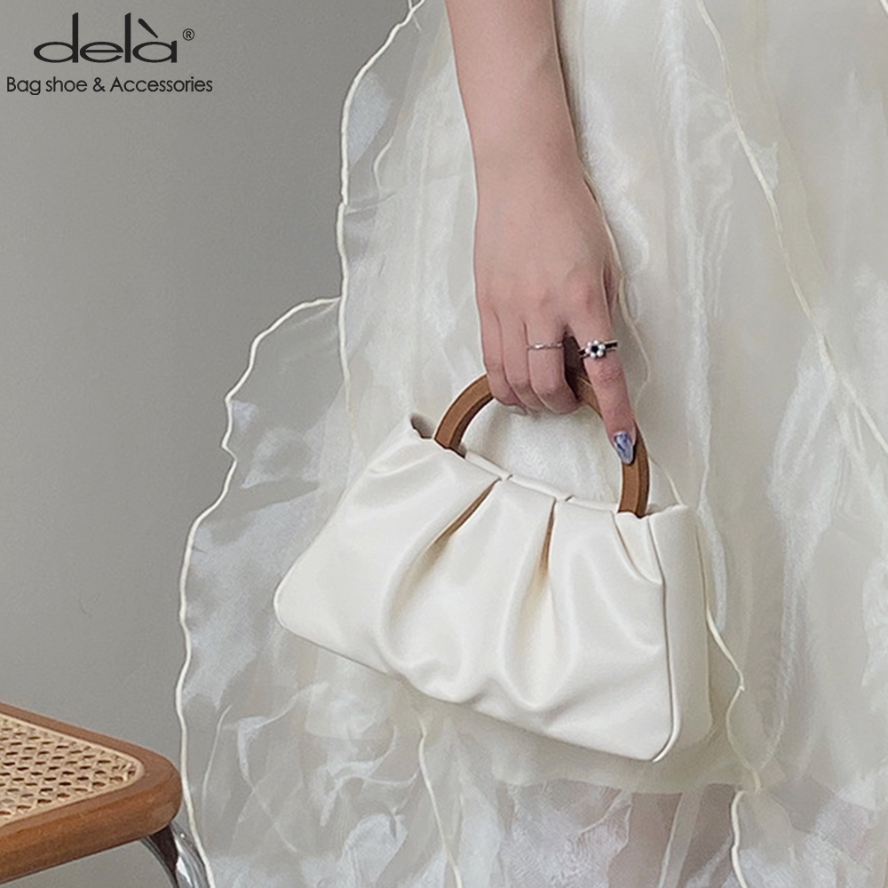 Dela Túi Xách Nữ Mini Dela Đeo Chéo Hình Đám Mây Xếp Ly Tay Cầm Gỗ Thời Trang đi tiệc