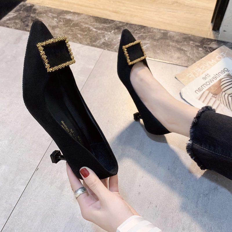 High Heels Female Pointed Toe 2020 Autumn New Korean Style Buckle Black Work Shoes Shallow Mouth Stiletto Professional S