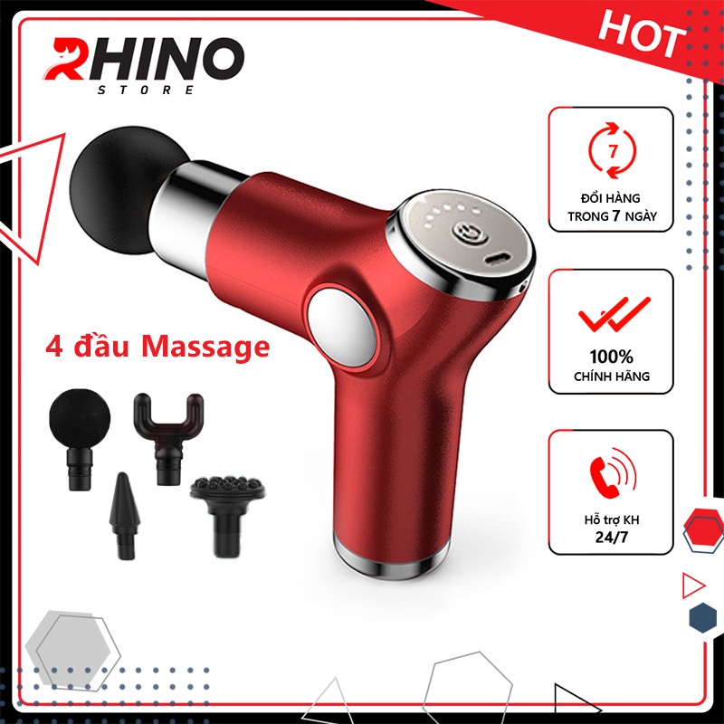 Máy massage cầm tay Rhino MG202 - 6 cấp độ, 4 đầu tiện dụng, pin sạc type C, hỗ trợ mát xa tại nhà, giảm đau
