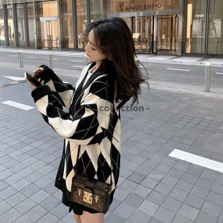 [Nowship2h] Áo Khoác Cardigan Form Rộng Họa Tiết Kim Cương, Áo Khoác Len Thời Trang Thu Đông - Mã TA003