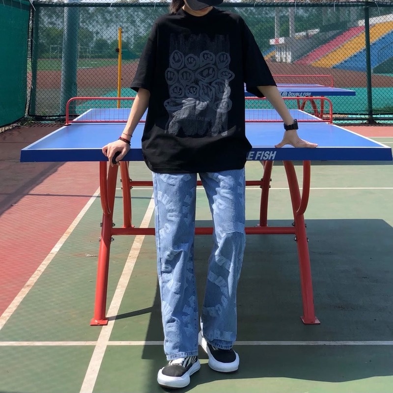 Quần jean nữ ống rộng in chữ phong cách Hip hop thời trang đường phố