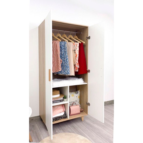 Tủ quần áo gỗ 2 cánh kết hợp treo và ngăn tiện lợi, tủ quần áo iga shelf - gp129