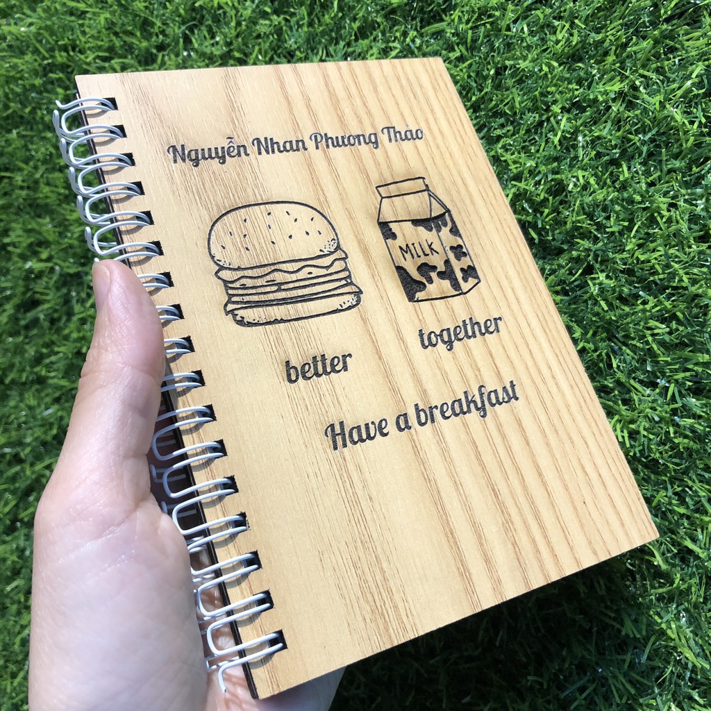 Sổ bìa gỗ khắc hình dễ thương - Sổ tay handmade bìa gỗ cứng - Thiết kế và khắc tên theo yêu cầu