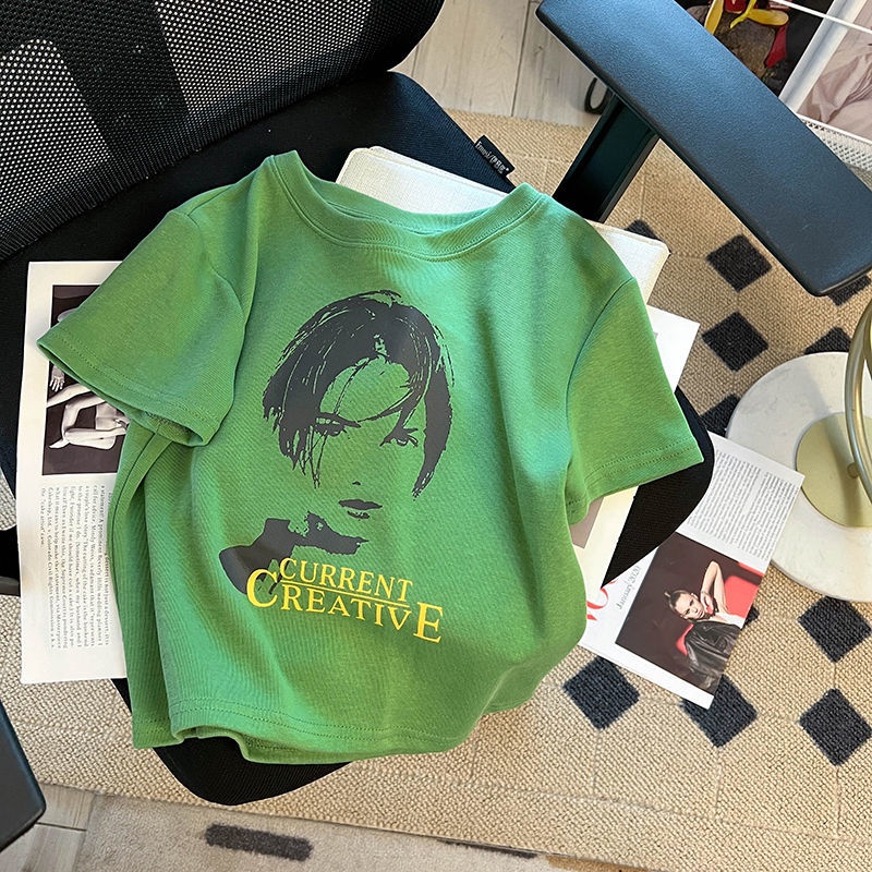 Áo Thun Tay Ngắn Hở Vai In Họa Tiết Màu Xanh Lá Thời Trang Mùa Hè Cho Nữ