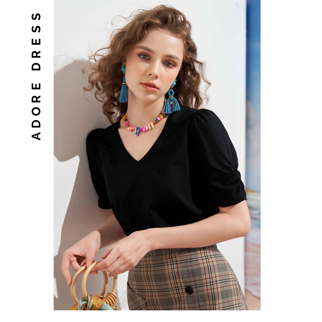 Áo phông T-shirt đen basic nhún tay 2TS0008 ADORE DRESS