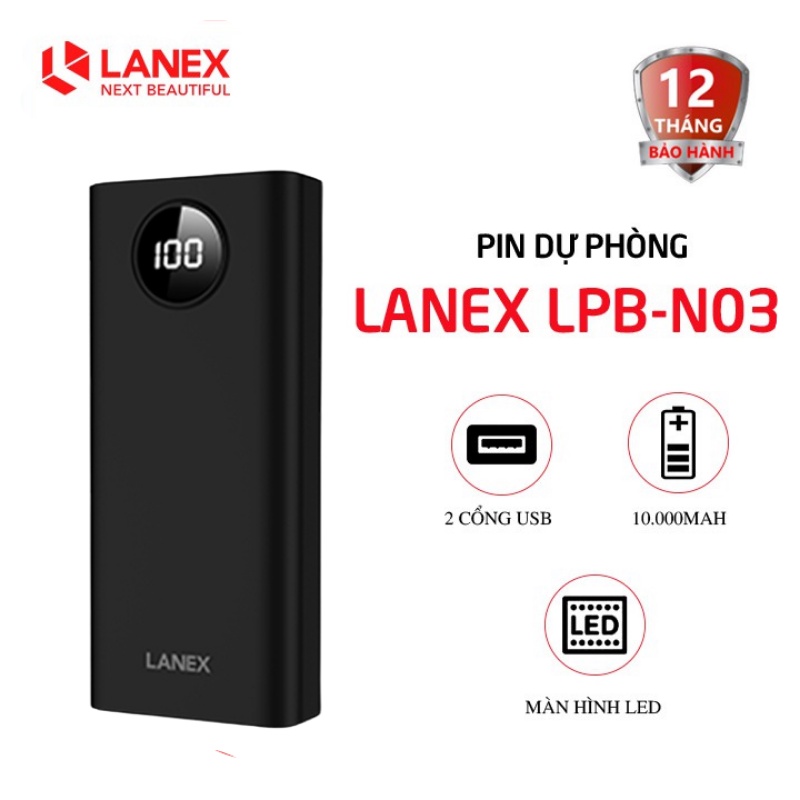 Pin dự phòng Lanex LPB-N03 10000mah 2 cổng USB 2.0A màn hình led thumbnail