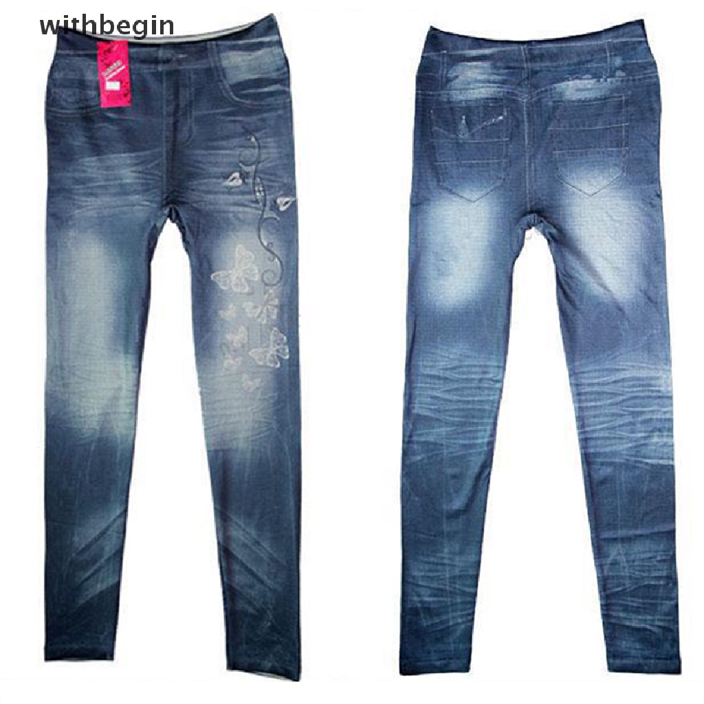 1 Quần Legging Giả Jean Dài Dáng Bút Chì In Chữ Và Bướm Thời Trang Mùa Hè Cho Bạn Gái
