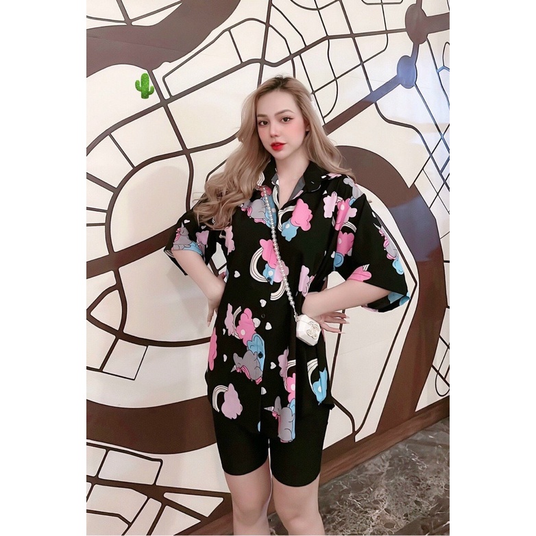 Áo sơ mi tay lỡ form rộng in hình họa tiết đám mây cầu vồng cực xinh , chất kate mềm mịn mát