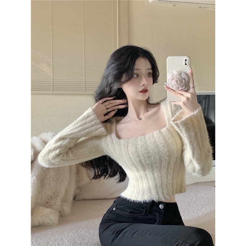 Áo Sweater Dệt Kim Cổ Vuông Màu Tím Thời Trang Quyến Rũ Cho Nữ