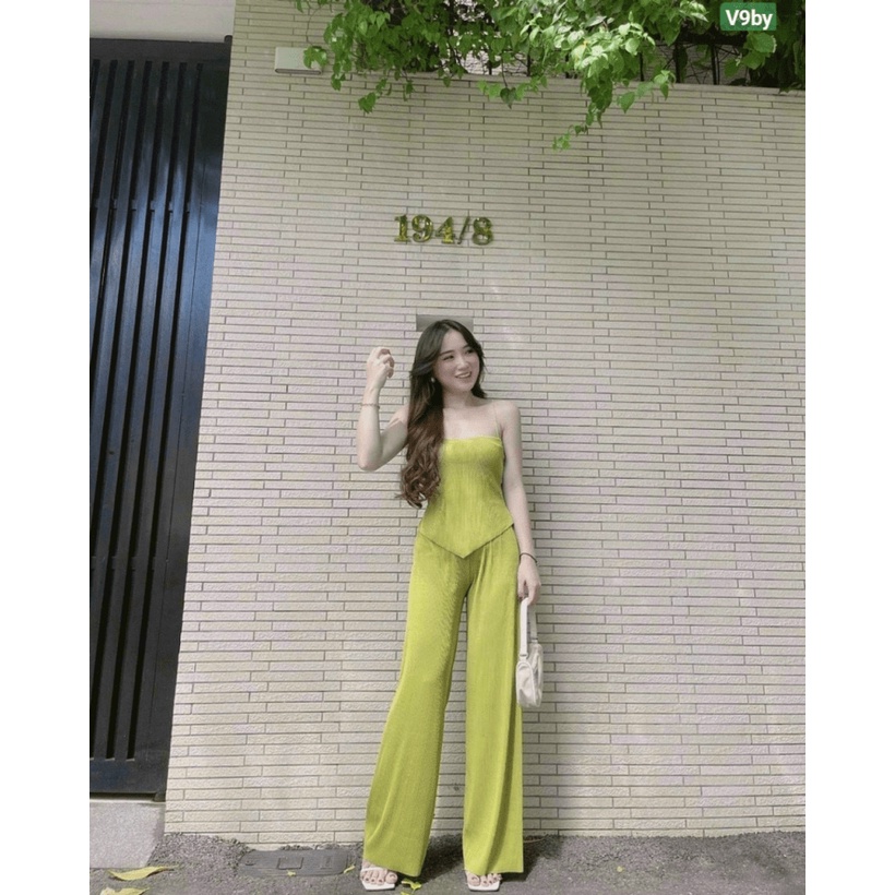 SÉT BỘ NỮ THUN GÂN ÁO HAI DÂY QUẦN DÁNG RỘNG TÔN DÁNG BODY CỰC HOT PU THỜI TRANG HHP