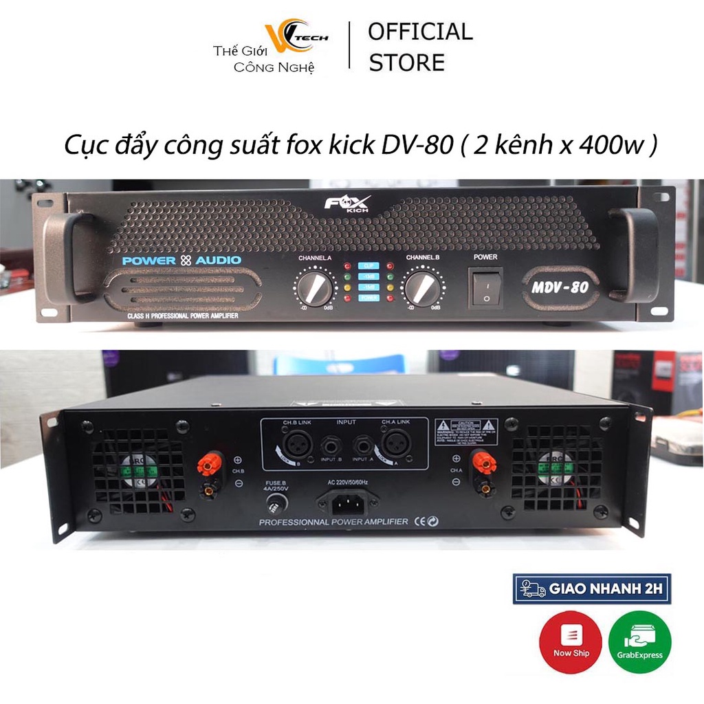 Bộ Đẩy Công Suất 2 Kênh Cao Cấp FOX KICH MDV-80, 24 SÒ LỚN, 2 quạt Tản Nhiệt, Công Suất Cực Đại Main 1600W