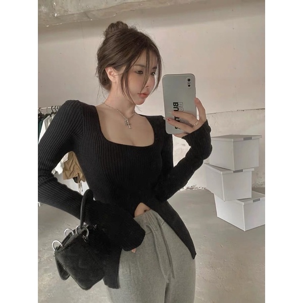 áo len dệt kim tay dài dáng ôm xẻ vạt giữa sexy (m208#)