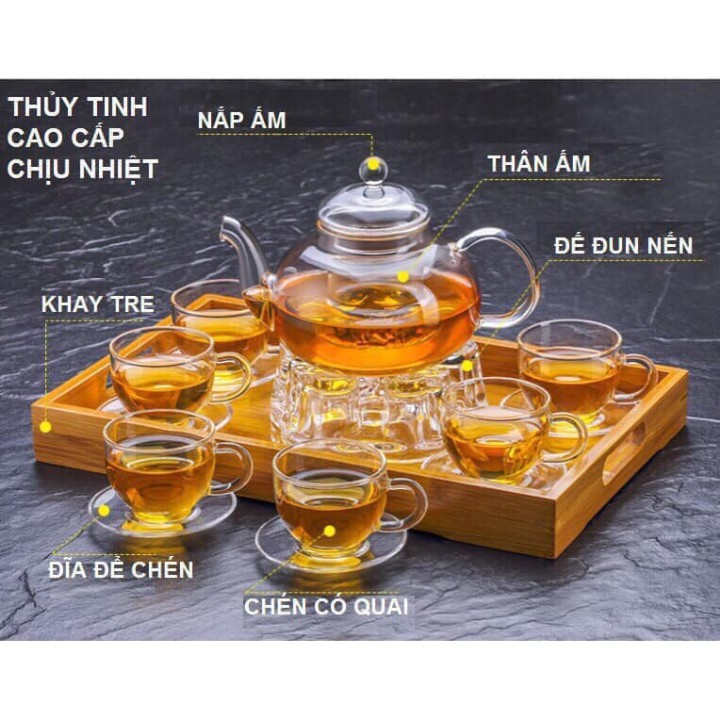 Bộ Ấm Trà Thủy Tinh Kèm Chén Cao Cấp 600ml Có Lõi Lọc Bình Trà Thủy Tinh Giữ Nhiệt Đế Nến [LỖI 1 ĐỔI 1]