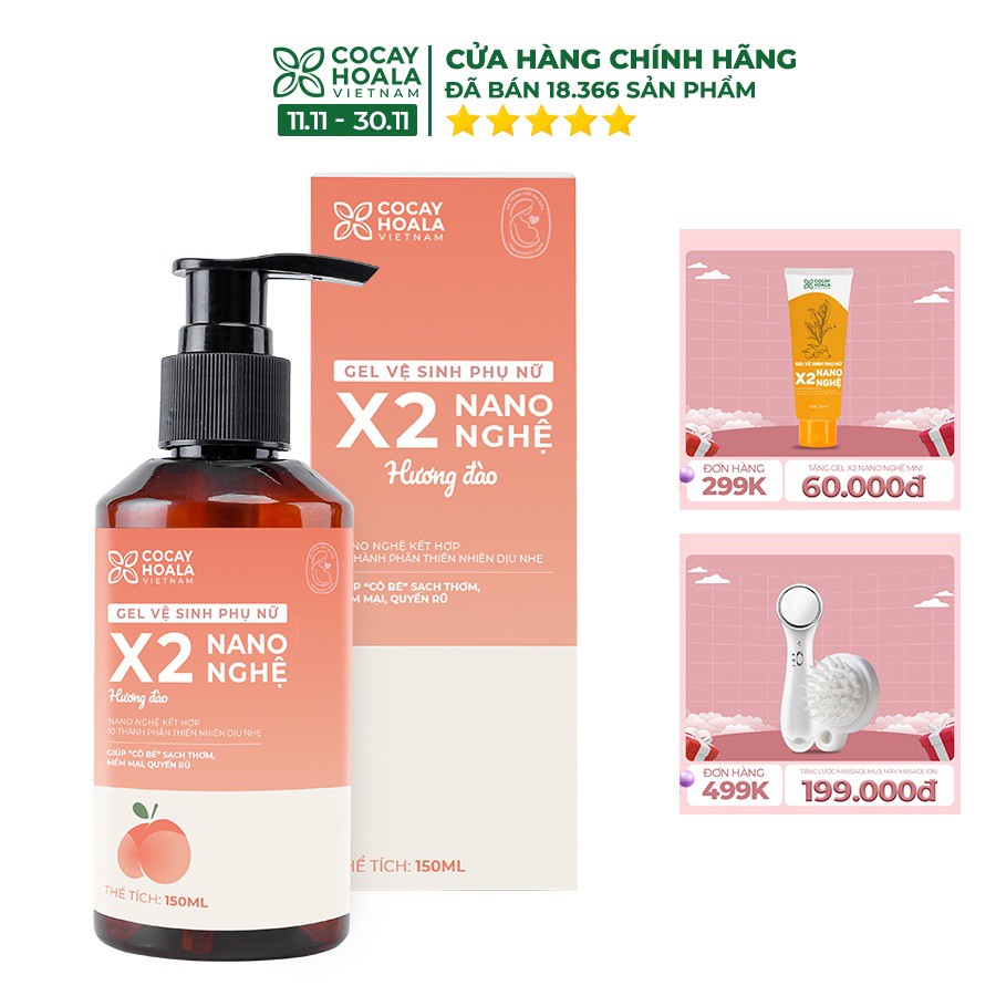 Dung dịch vệ sinh Phụ nữ Gel X2 Nano Nghệ Đào Chín Hồng Mềm Mại Lưu Hương 24h Cocayhoala - 150ml