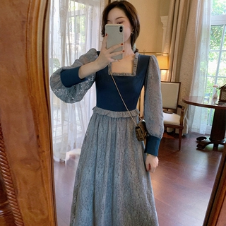 Đầm Maxi Tay Dài Cổ Vuông Phối Ren Thời Trang Thu Đông 2020 Cho Nữ