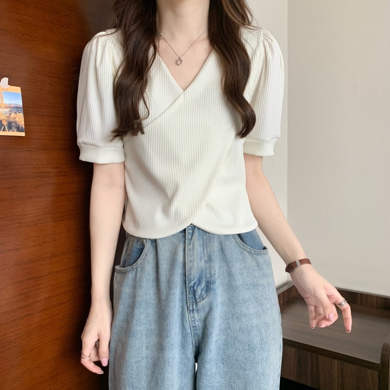 【ZHELIHANGFEI】 / feel Áo Thun Dệt Kim Tay Ngắn Cổ Chữ V Đan Chéo