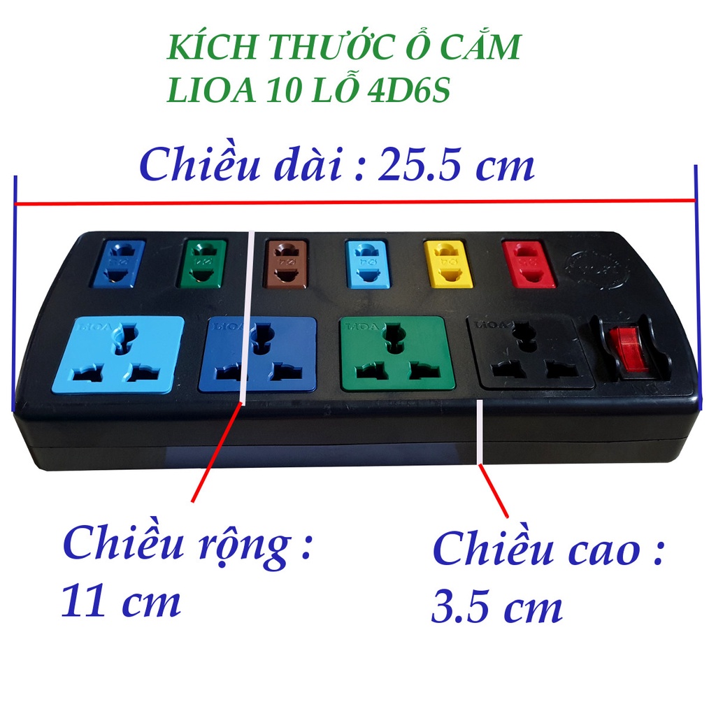 Ổ cắm điện LIOA 10 ổ cắm dây 3 mét 4D6S32 (Đen)