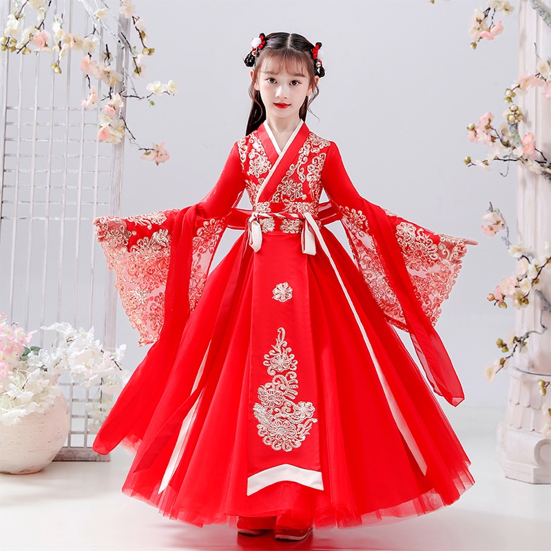 Bộ Hán Phục Tay Dài Màu Đỏ Phong Cách Mới Dành Cho Bé Gái