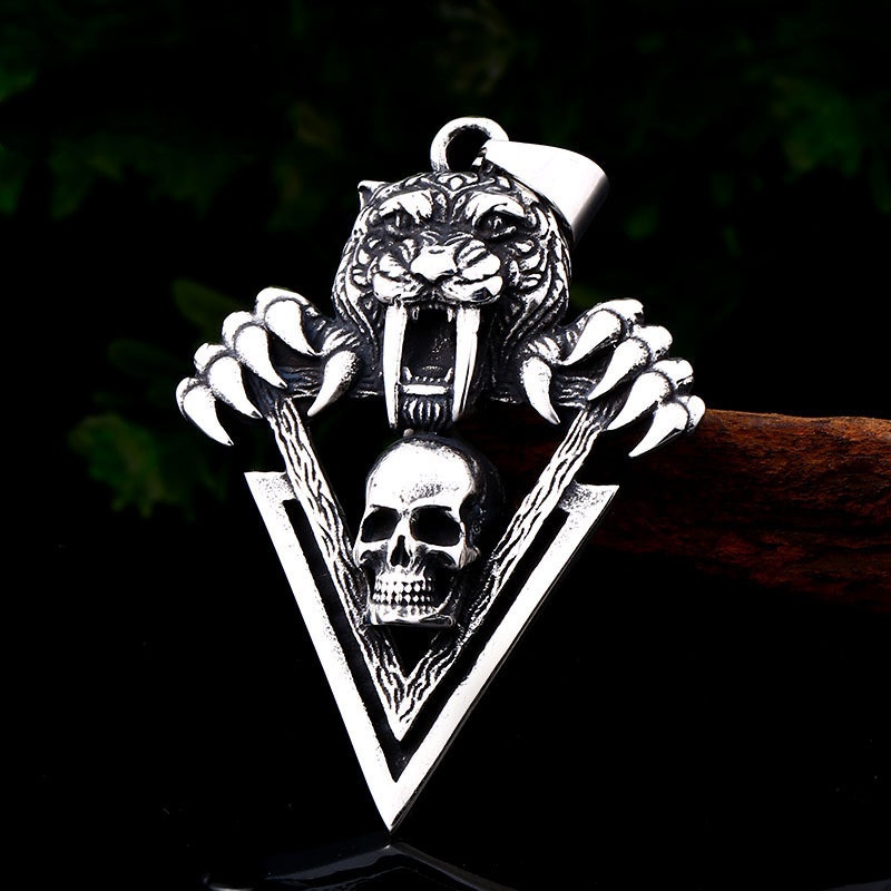 Vòng cổ Mặt Tam Giác Đầu Hổ Răng Hổ Viking Phong Cách Punk Cổ Điển Dành Cho Nam