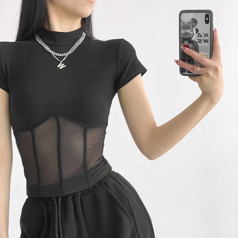 Áo Croptop Dệt Kim Mềm Phối Lưới Xuyên Thấu Cổ Cao Ngắn Tay Thời Trang Gợi Cảm Cho Nữ 2023