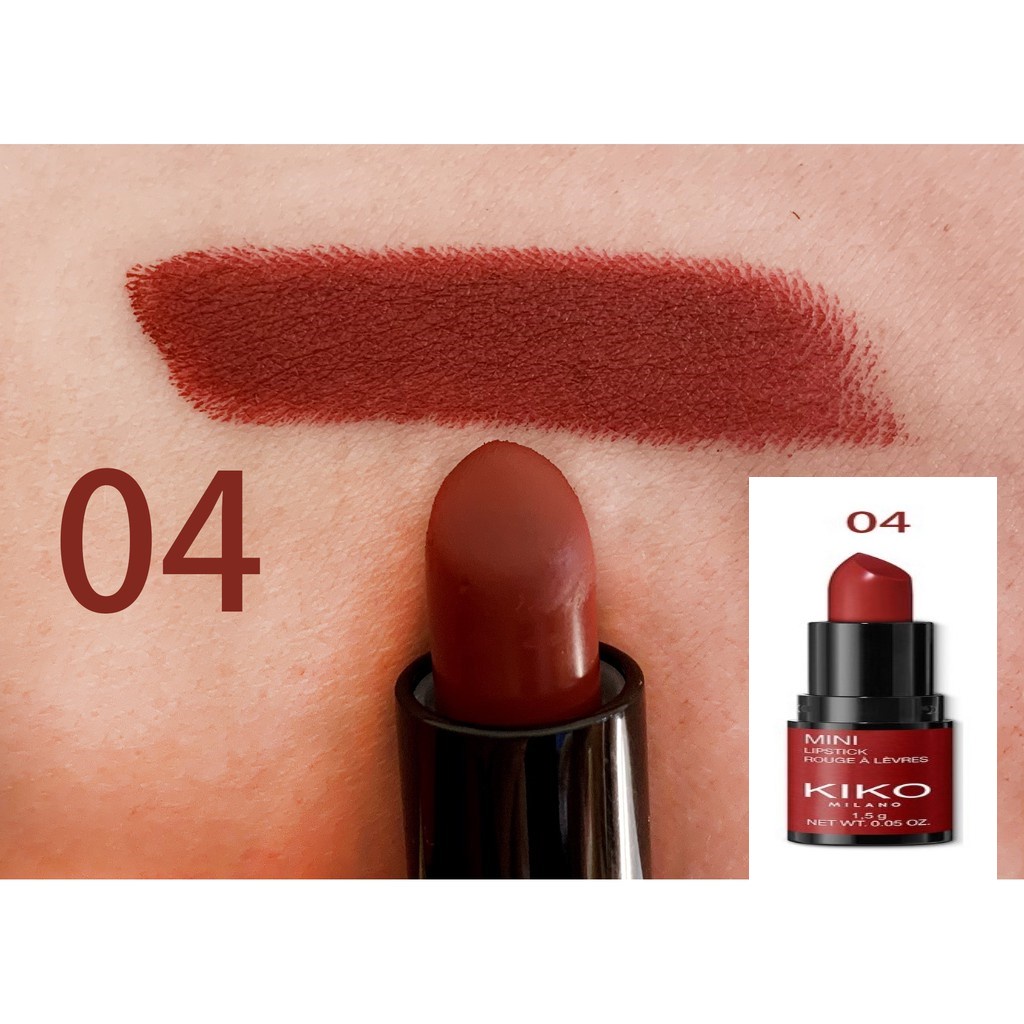 Son lì mini Kiko: 6 màu: hồng nude, hồng tím đất, hồng đất, đỏ nâu, tím hồng, tím đậm