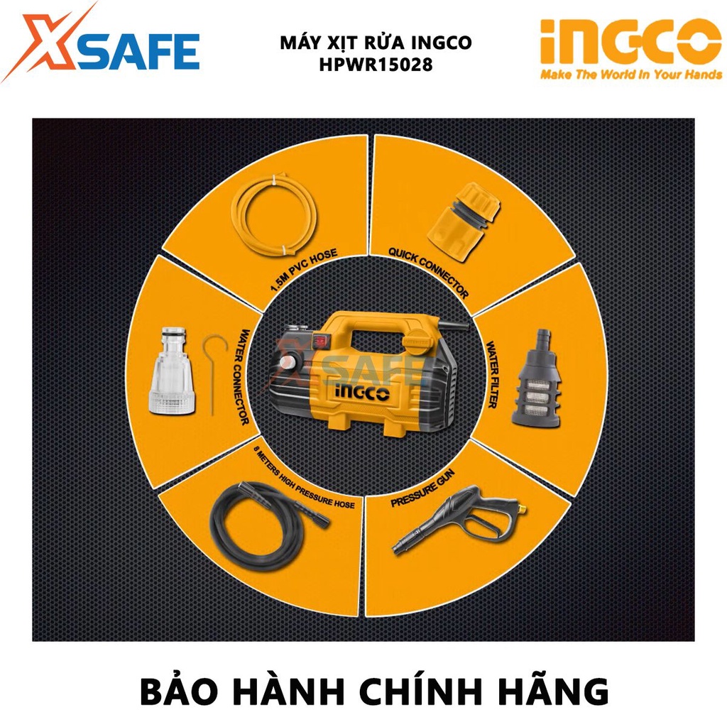 Máy xịt rửa INGCO HPWR15028 Máy rửa xe công suất 1500W, motor từ dây đồng không chổi than, kèm theo bộ súng xịt - XSAFE