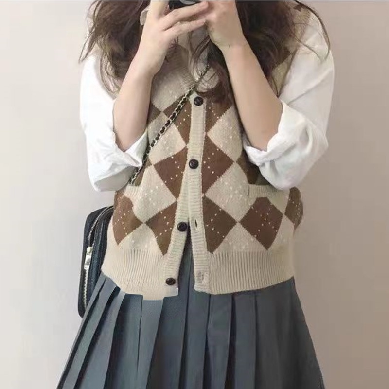 Áo Len Không Tay Họa Tiết Kim Cương Phong Cách Hàn Quốc 206238 Áo Sweater Sát Nách Dáng Rộng Thời Trang Mùa Thu Trẻ Trung