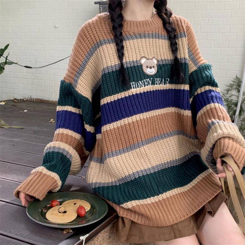 Áo Sweater Dệt Kim Cổ Tròn Họa Tiết Gấu Nâu Dễ Thương Cho Nữ