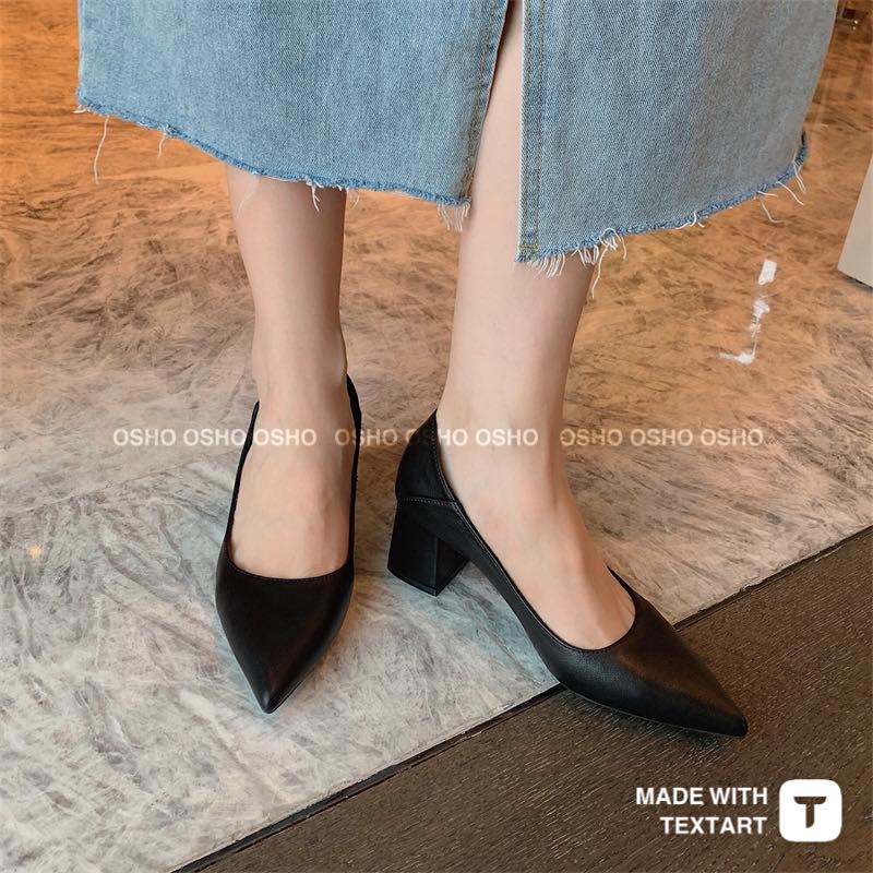 Giày cao gót nữ đế vuông cao cấp 5 phân OSHO, thiết kế mũi nhọn, chất da mềm phom basic sang trọng