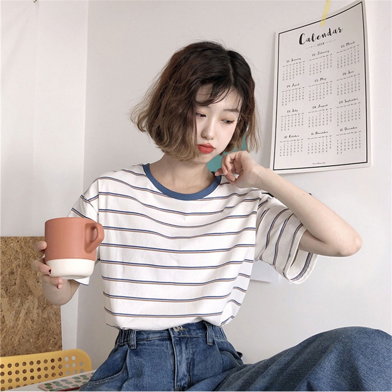 Áo Thun Tay Ngắn Cổ Tròn Họa Tiết Sọc Ngang Màu Sắc Tương Phản Phong Cách Harajuku Thời Trang Mùa Hè Cho Nữ