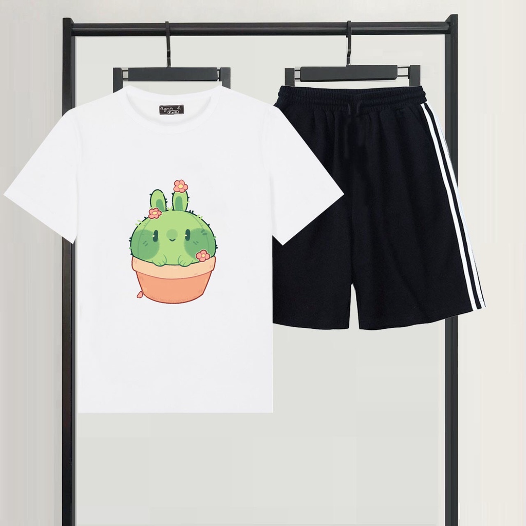 Sét Bộ Đồ Quần Đùi Sọc Áo Nam Nữ Ngắn Tay Ulzzang Mặc Rất Thời Trang, Áo Phông Cotton Mát Mịn In 3D Hình Cây Xương Rồng