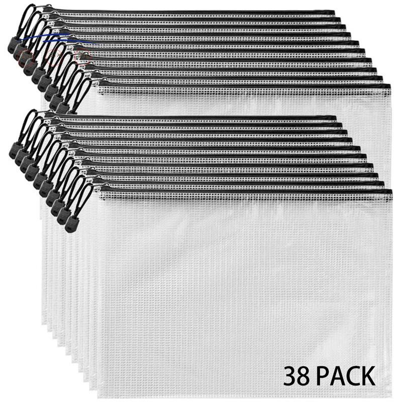 38Pcs Mesh Zipper Pouch, A4 Size Plastic File Folder Board Game Bags with Zipper for Classroom Office Travel Storage