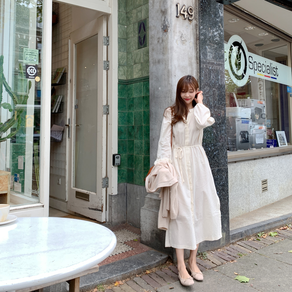 Váy midi tay dài cổ chữ V màu trơn đơn giản thời trang dành cho nữ 30323